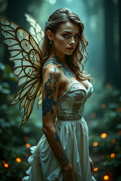 photorealism, image from the side, take 2/3, Mythological woman, fantasy setting, Mystical runes and auras, fit body, medium breasts , Heavily tattooed with arcane symbols, green eyes, suggestive look, delicate silk tipped dress, fairy wings