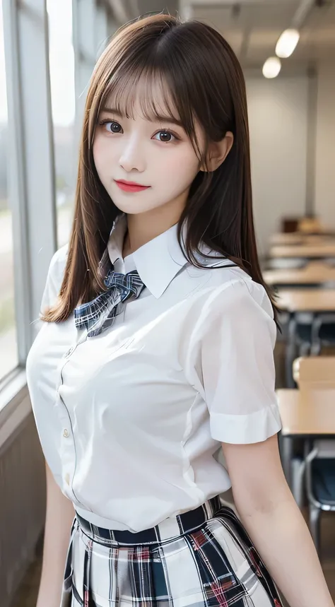 (beautiful girl、cute face、medium hair、staring at the viewer:1.3)、top quality,8K image、 perfect double eyelids、happy、natural color makeup、Moist lips、white skin、(straight hair, Strongly Blurred White Background 、high school uniform、plaid skirt、is standing:1....