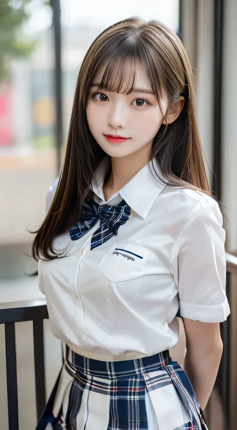 (beautiful girl、cute face、medium hair、staring at the viewer:1.3)、top quality,8K image、 perfect double eyelids、happy、natural color makeup、Moist lips、white skin、(straight hair, Strongly Blurred White Background 、high school uniform、plaid skirt、is standing:1....