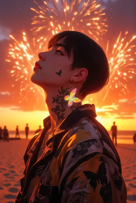 Handsome man、HOME” TATTO、Background with lots of fireworks going up in the sunset on a sandy beach、shineing tattoos, Shine, anime style, movie portrait photography,  Male 1 person,  (hair is black),  gray eyes,  (natural skin texture  vivid details , Surre...