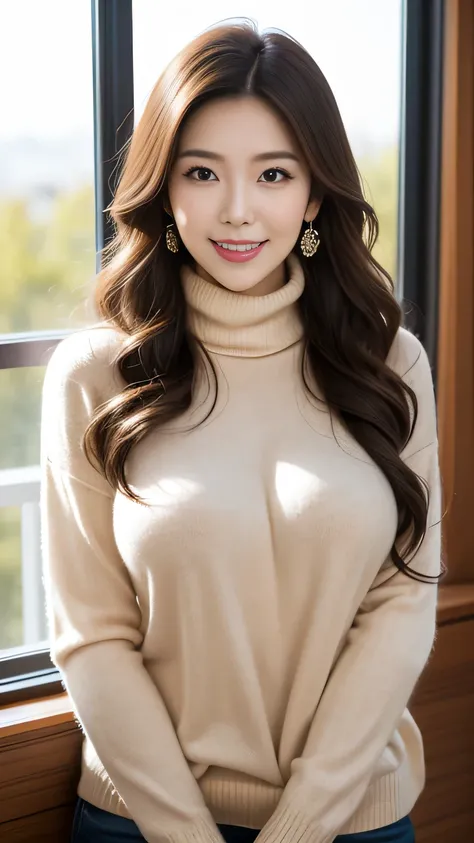   upper body upper-body photo showing the tuft　anatomically correct 5 fingers 　Beautiful Korean Woman (((ストレートヘア))) 　 turtleneck sweater　 wavy hair sitting on Ted　 earrings　functional body　 Big Breasts　Protruding breasts that make you want to grab an eagle...