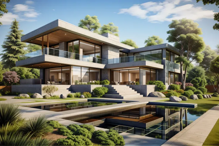 Modern style, house building, interior furniture, exterior house, contemporary style, ( nature stone ) wall, granite floor, top roof, glass window, (realistic:1.2), Masterpiece, high quality, best quality, finish color paint , garden trees, terrace space ,...