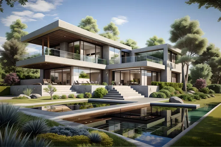 Modern style, house building, interior furniture, exterior house, contemporary style, ( nature stone ) wall, granite floor, top roof, glass window, (realistic:1.2), Masterpiece, high quality, best quality, finish color paint , garden trees, terrace space ,...