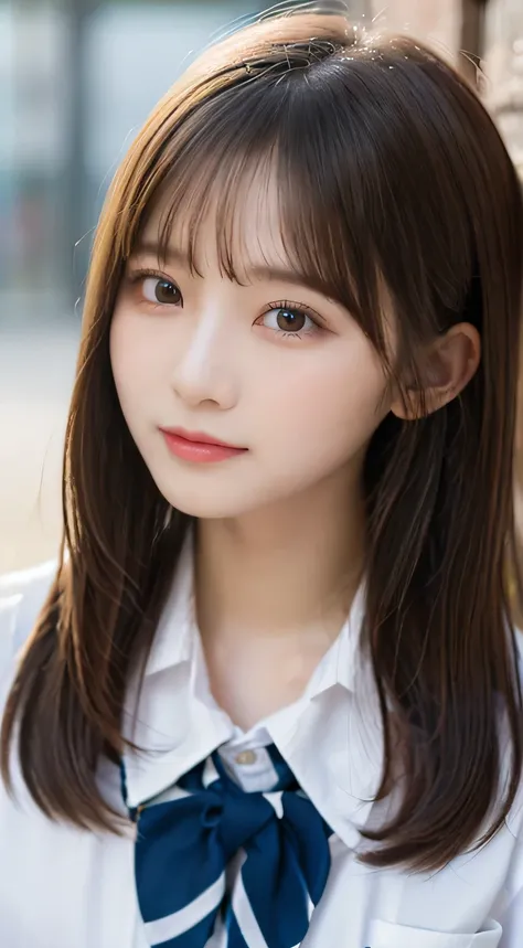(beautiful girl、cute face、medium hair、staring at the viewer:1.3)、top quality,8K image、 perfect double eyelids、happy、natural color makeup、Moist lips、white skin、(straight hair, Strongly Blurred White Background 、high school uniform、school uniform、:1.3),class...