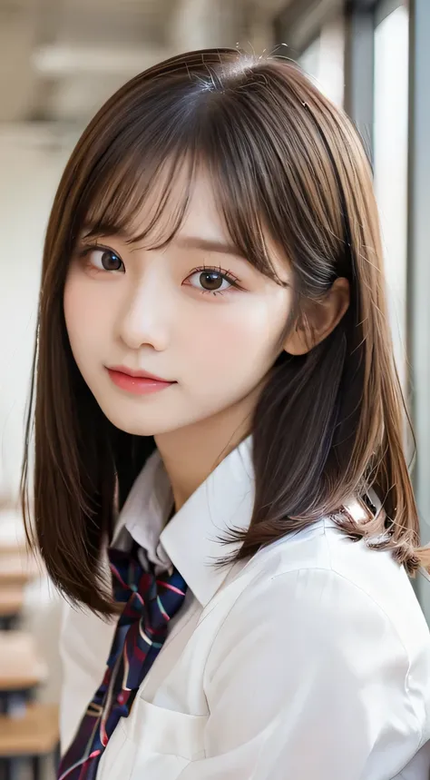 (beautiful girl、cute face、medium hair、staring at the viewer:1.3)、top quality,8K image、 perfect double eyelids、happy、natural color makeup、Moist lips、white skin、(straight hair, Strongly Blurred White Background 、high school uniform、school uniform、:1.3),class...