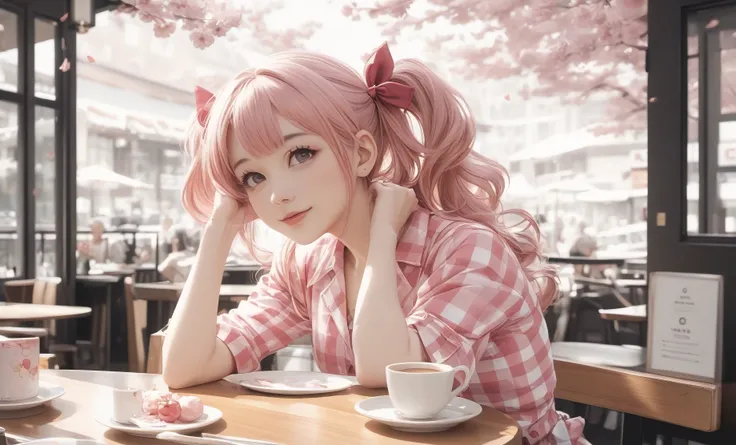 "I want to create an image of a cute girl in a pink European-style café, with an overall sakura (cherry blossom) color theme. She is wearing a checkered outfit that gives her an idol-like appearance."