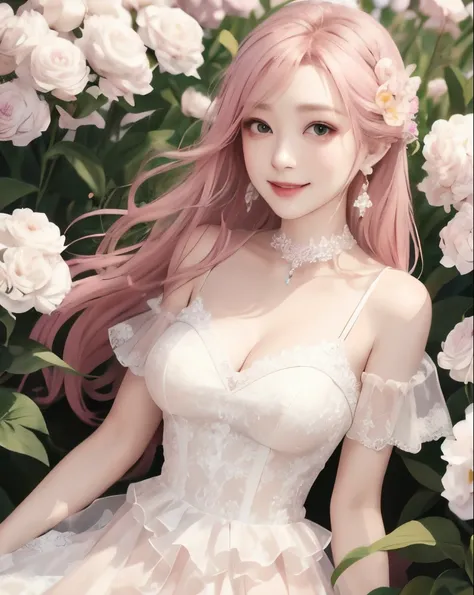 best quality、masterpiece、 Vivid 、beautiful girl、1 person、Double eyelids、big eyes、Sepia eyes 、pink hair、wedding dress、((white lace dress、Organza))、princess、choker、earrings、corolla、 natural smile 、Flower Field