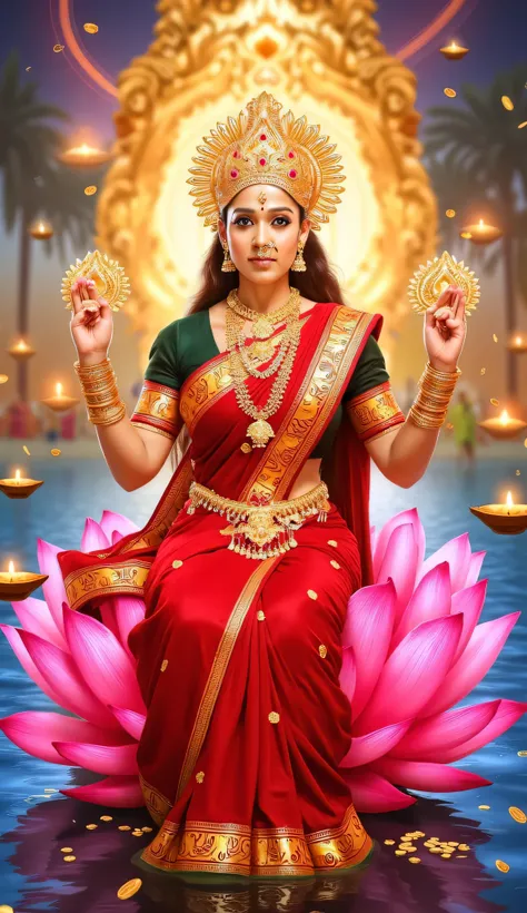 A divine portrayal of Goddess Lakshmi, envisioned as South Indian actress Nayanthara, seated gracefully on a blooming pink lotus. She wears a magnificent red and gold saree, with shimmering golden jewelry and a radiant crown. She holds lotus flowers in bot...