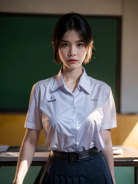 (photorealistic:1.4),Best quality, masterpiece, ultra high res, raw photo,rim  lighting,(cowboy shot) ,Thai classroom, 1girl,(mathayom uniform),white shirt short sleeves wet,red lace bra,black pleated long skirt:1.2),short hair ,dramatic scene , Pretty tha...