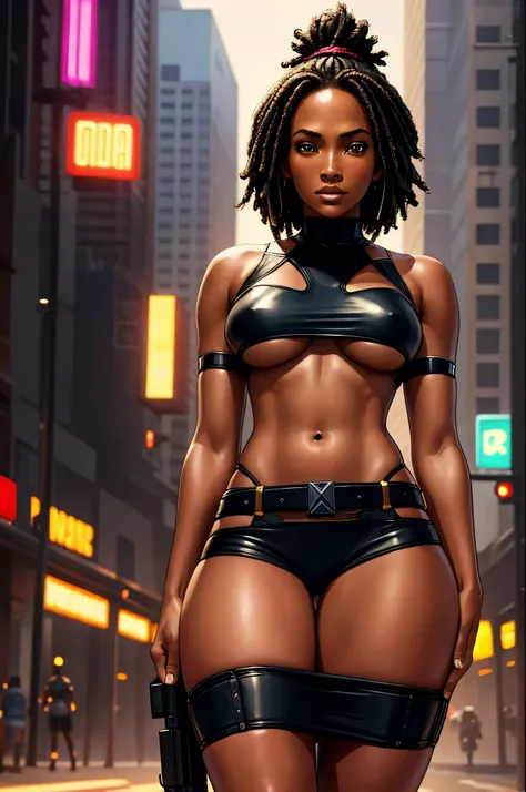 ebony skin, black skin, dark skin, pantyshot, skirt, underboob, cyberpunk,  1girl , Jennifer Lopez,  Amandla Stenberg , Uma Thurman