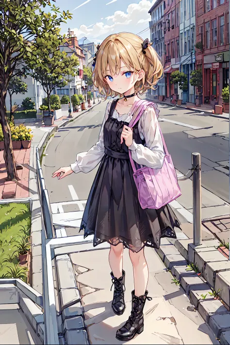 best quality,super detailed,((background:Outside Street 1 ,8)),( walks through the city),(({{one boy)),(()),((trap)),((bulge)),Black Choker,((short blond hair)),(( man's face )),((I have a )),(()),(( flatter )),((Weak chest)),((flat chest)),(( Gothic Lolit...