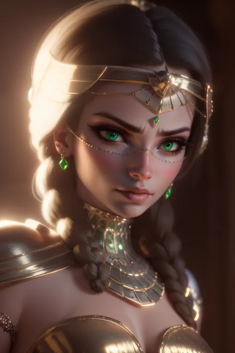 hyper realistic portrait shot of a beautiful egyptian queen, looking down proudly on the camera with her expressive green eyes, tanned skin tone , thin nose , black braided bob hair with golden accessories and jewelries , wearing a white see tough dress