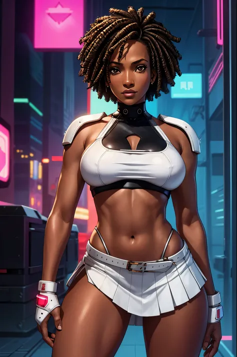 ebony skin, black skin, dark skin, pantyshot, skirt, underboob, white croptop,  cyberpunk,  1girl , Jennifer Lopez,  Amandla Stenberg , Uma Thurman