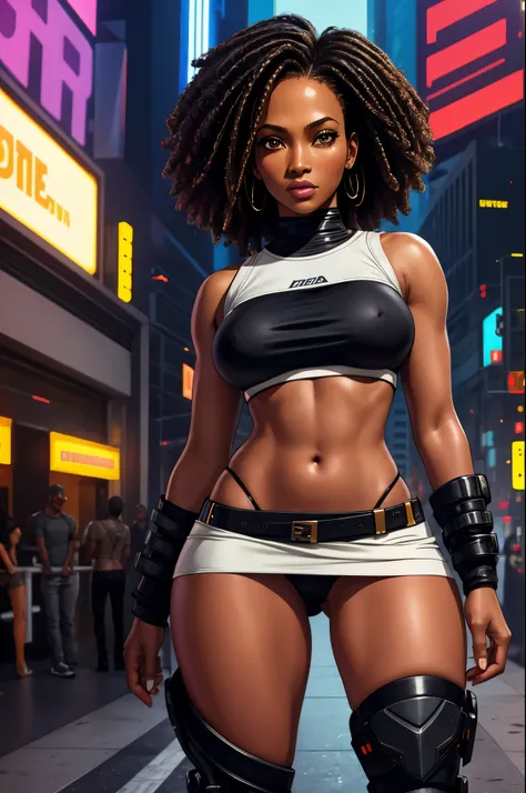 ebony skin, black skin, dark skin, pantyshot, skirt, underboob, white croptop,  cyberpunk,  1girl , Jennifer Lopez,  Amandla Stenberg , Uma Thurman