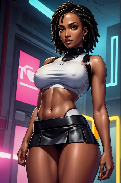 ebony skin, black skin, dark skin, pantyshot, skirt, underboob, white croptop,  cyberpunk,  1girl , Jennifer Lopez,  Amandla Stenberg , Uma Thurman