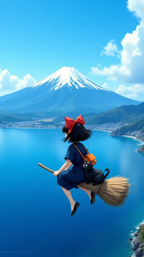 dutch angle, the whole lens is tilted, The foreground is a girl flying on a broom on the sea, shoulder-length black hair flutters in the wind, Wearing a big red bow on her head, wearing a dark blue dress, Carrying a cute orange shoulder bag,On the broom si...
