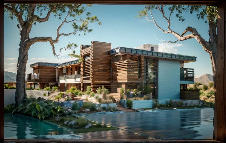 Traditional style, house building, interior furniture, exterior house, contemporary style, ( wood bars ) wall, granite floor, thatched roof, glass window, (realistic:1.2), Masterpiece, high quality, best quality, finish color paint , garden trees, terrace ...