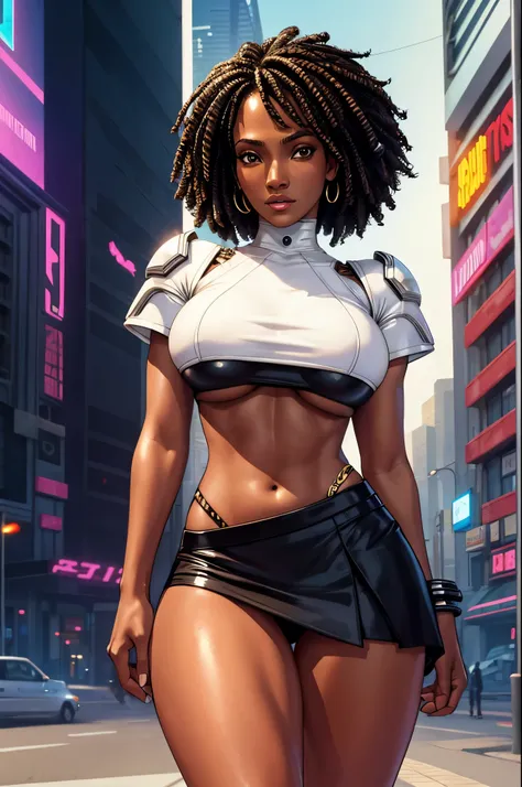 ebony skin, black skin, dark skin, pantyshot, skirt, underboob, white croptop,  cyberpunk,  1girl , Jennifer Lopez,  Amandla Stenberg , Uma Thurman