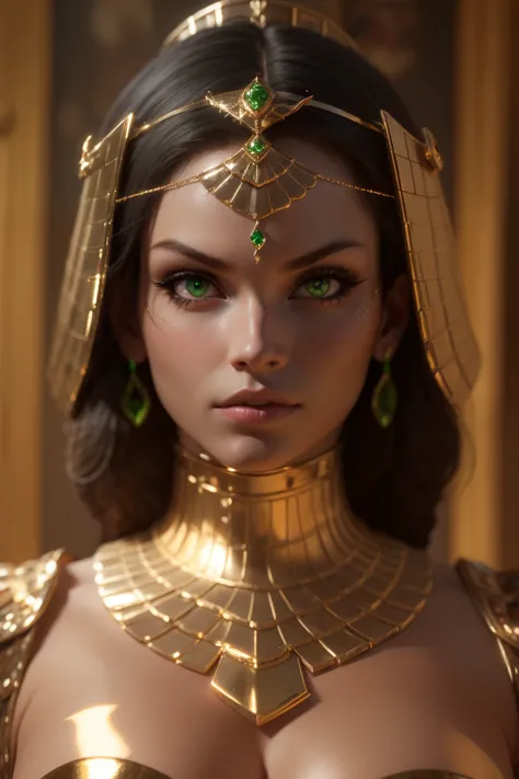 hyper realistic portrait shot of a beautiful egyptian queen, looking down proudly on the camera with her expressive green eyes, tanned skin tone , thin nose , black braided bob hair with golden accessories and jewelries , wearing a white see tough dress