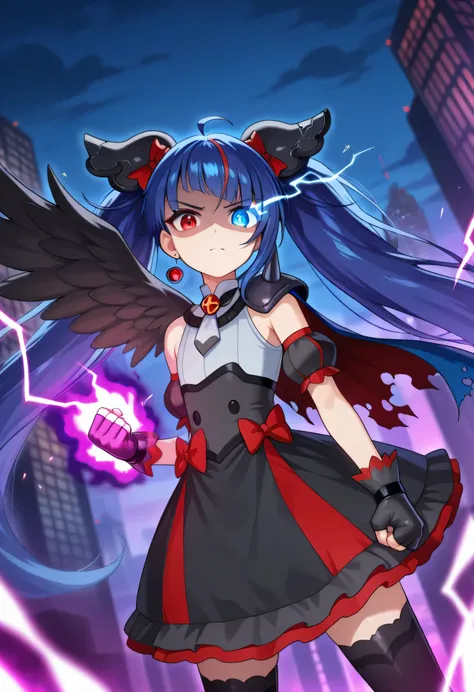 1girl, curesky-dark, general,
broken hair ornament, single earring,
brooch, grey dress, puffy detached sleeves, single wing, bare shoulders, spikes, torn cape,
black fingerless gloves,
black skirt, red bow,
black thighhighs, zettai ryouiki,
flat chest, dar...
