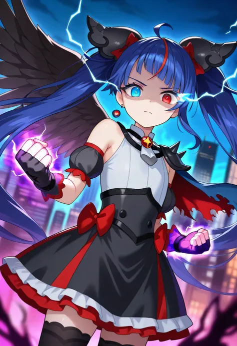 1girl, curesky-dark, general,
broken hair ornament, single earring,
brooch, grey dress, puffy detached sleeves, single wing, bare shoulders, spikes, torn cape,
black fingerless gloves,
black skirt, red bow,
black thighhighs, zettai ryouiki,
flat chest, dar...