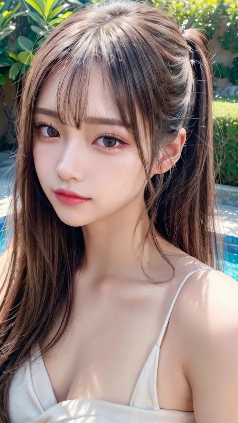 wearing black bikini,resort poolside,Body in front,Ultra-detailed, finely detail, hight resolution, 8K Wallpaper, Perfect dynamic composition, Beautiful detailed eyes,,Close-up of face,,Blushing,Facing forward,Long hair ponytail,((8K, Original photo, Best ...