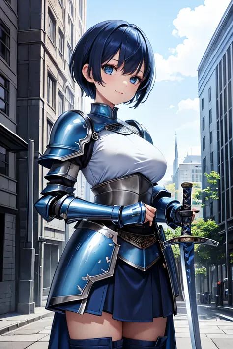 (dark Blue hair), very short hair, pixie cut, Silver Blue eyes, light smile, large breasts, (((blue Plain shirt))), (((Blue Metal armor))), (Short blue cloak), (blue gloves), (blue skirt), blue boots, standing, (((Carrying a sword))), Fantasy Outside the b...