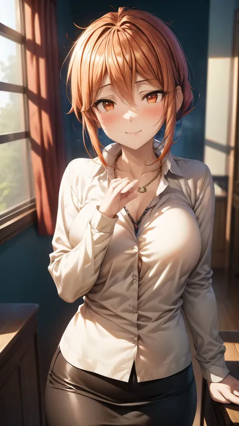 (Ultra High Quality,ultra high definition,16k,Super Masterpiece,Ultra HD ,detailed shading and background,)Sexy Wife,Orange hair put together, white long sleeve shirt,Chest Valley,necklaces,pencil skirt,smile,blush,living,