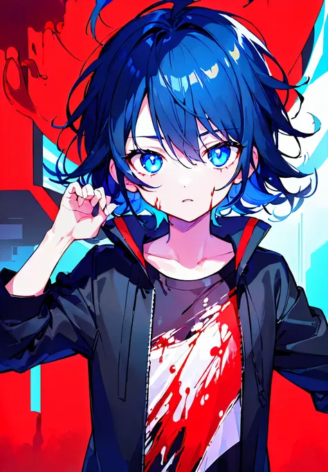 [(RED BACKGROUND:1.5),::5], ((((masterpiece)))), high quality, ultra very high resolution, full color, (((solo))), ((little younger boy)), BLACK hair, (Blue streaked hair), (oriental deepblue eyes), anime, ((upper body)), Summer clothes, neon light, black ...