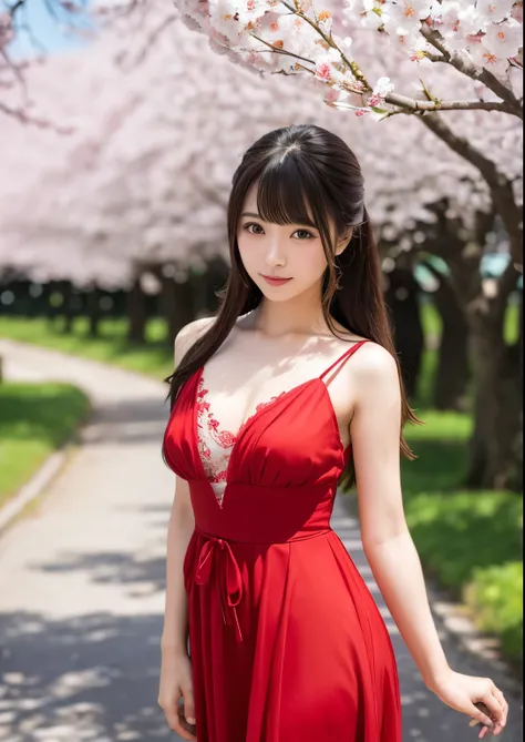 japanese sexy sensual girl, in row of cherry trees, red dress