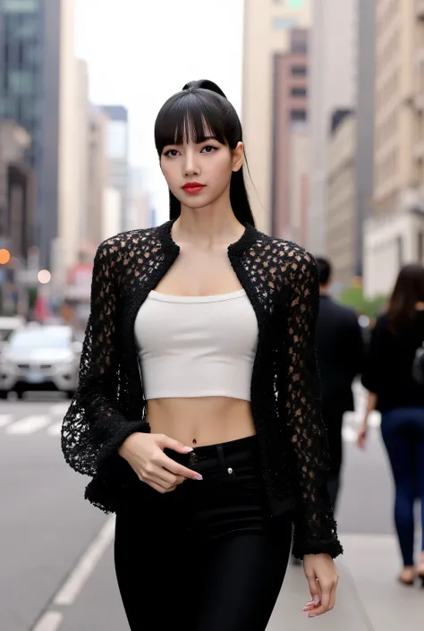 A beautiful woman, walking in the middle of the city, front facing, using a black open knit jacket with a white turtle neck tank top, black trousers, big boobs, red lips, black ponytail hair