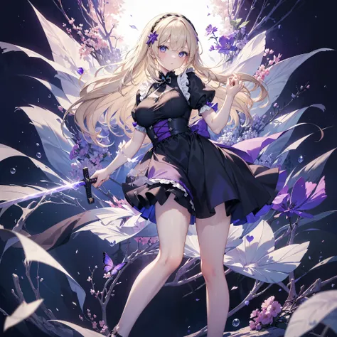 High image quality, masterpiece, one girl, Delicate Hair, Delicate eyes:1.4, a girl holding hands with evil sword, darkness aura, ((Her face is flushed.)) ,((alice holding hands with purple fantasy sword)), (((dark effects, great purple fantasy sword, simp...