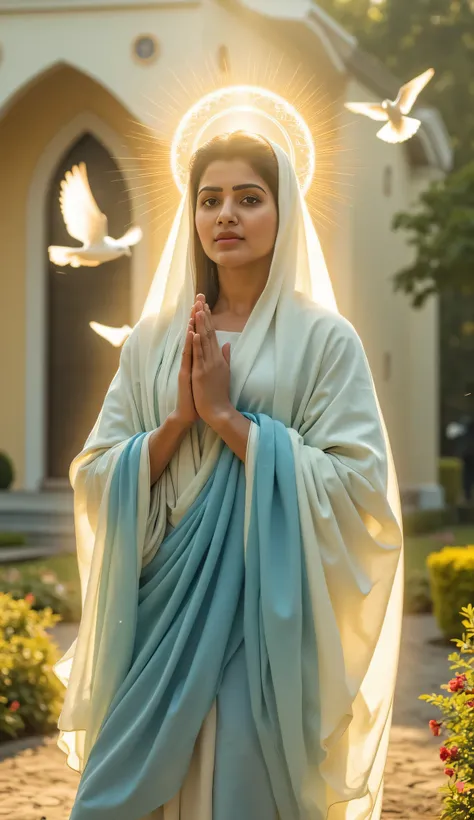 A serene and heavenly portrayal of Virgin Mary, represented by South Indian actress Samantha, dressed in a flowing white and blue robe. She stands with her hands gently clasped in prayer, her face calm and full of divine grace. A soft golden halo surrounds...