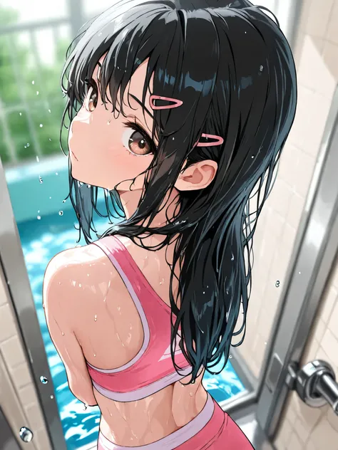woman, looking at viewer, long black hair, hair clip,  pink sports bra, pink sports shorts, blurry background, light color, upper body, high angle shot，Water Drop，Wet person，Entering the bathroom