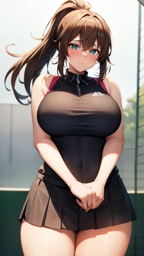 Big Breasts, looks embarrassed, tennis, cute face, ponytail