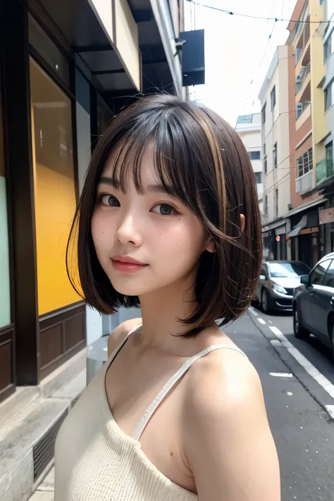 ((( shoulder length brown straight short bob )))、(((Her background is downtown Hawaii.、Pose like a model at the hair salon.)))、((( Casual Black Winter Street Fashion)))、face up、 half Japanese and Korean 、 18 year old girl 、independent、Expectations、light ...