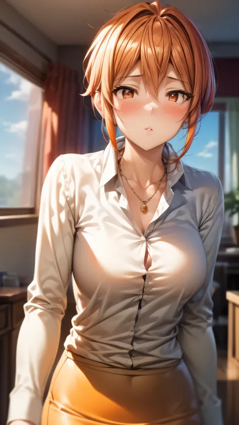 (Ultra High Quality,ultra high definition,16k,Super Masterpiece,Ultra HD ,detailed shading and background,) upper body shot from below,Sexy Wife,Orange hair put together, white long sleeve shirt,Chest Valley,necklaces,Pencil Skirt,Open your lips a little,b...