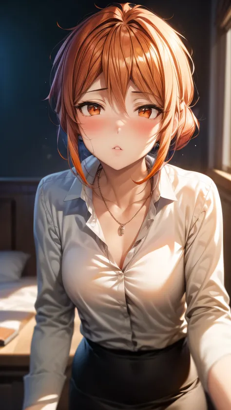 (Ultra High Quality,ultra high definition,16k,Super Masterpiece,Ultra HD ,detailed shading and background,) upper body shot from below,Sexy Wife,Orange hair put together, white long sleeve shirt,Chest Valley,necklaces,Pencil Skirt,Open your lips a little,b...