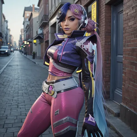 (Masterpiece), (expressive eyes), 1girl,standing, medium shot, cleavage, huge breast, huge butt, seductive pose, city street,.,lun4m2099, 1girl, solo, gloves, purple hair, multicolored hair, belt, jacket, pink hair, long hair, headphones, blue hair, makeup...