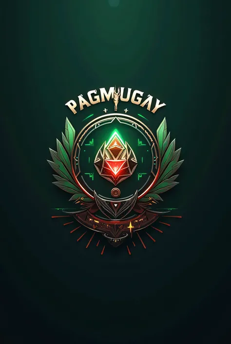 Minimalist eSports logo, 'PAGMUGNA UNITY CUP', futuristic tribal fusion. Central 3D geometric game console/orb with glowing red-green holographic circuits and tribal patterns. Surrounding it: 19 stylized angular orchids (green petals) in a circular wreath....