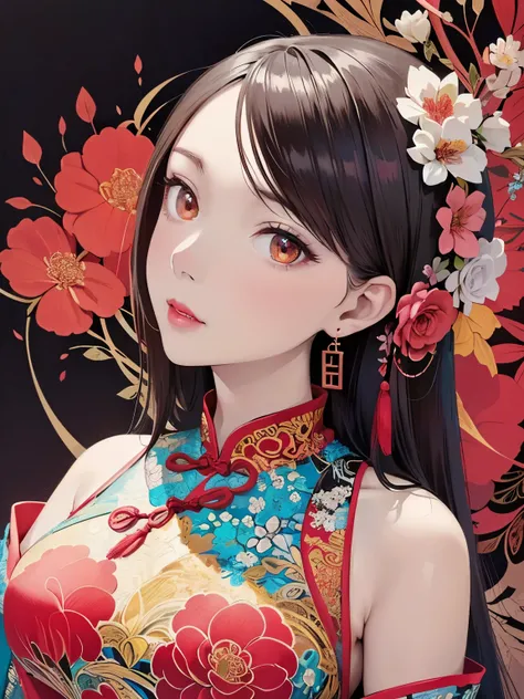 ( masterpiece, Top Quality, Best Quality, official art, Beautiful and aesthetic:1.2), (1 Girl:1.3), extremely detailed,(Fractal Art:1.1),(colorful:1.1)(Flowers:1.3),Highest Detail,(Zentangle:1.2), (dynamic pose), ( abstract background :1.3), (traditional ...