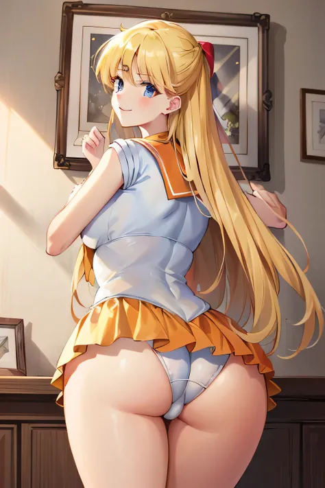 from behind , sailor venus, butt in white leotard, orange pleated skirt, picture in a frame, orange sailor, blonde long hair, blue eyes, chraming smile,  (glory wall pose:1 . 3) (extremely detailed, masterpiece, high resolution, absurdres,4K) ,