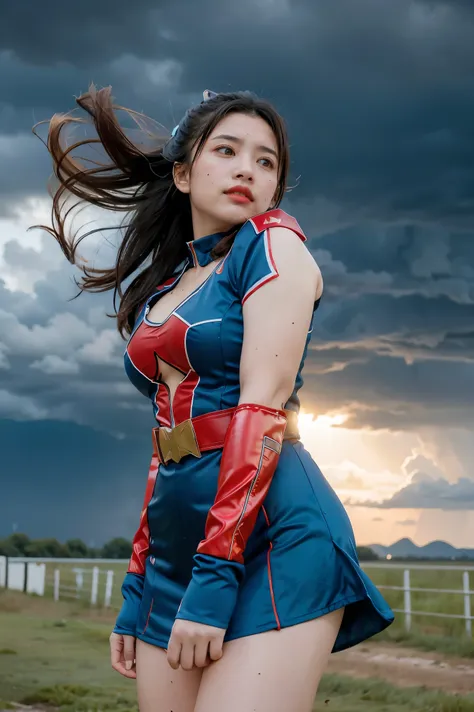 The image features a woman dressed in a blue and red superhero costume, standing confidently in front of a stormy sky. She appears to be a powerful and fearless character, ready to face any challenges that come her way. The woman's hair is blowing in the w...