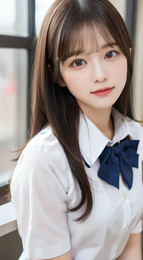 (beautiful girl、cute face、medium hair、staring at the viewer:1.3)、top quality,8K image、 perfect double eyelids、happy、natural color makeup、Moist lips、white skin、(straight hair, Strongly Blurred White Background 、high school uniform、school uniform、:1.3),class...