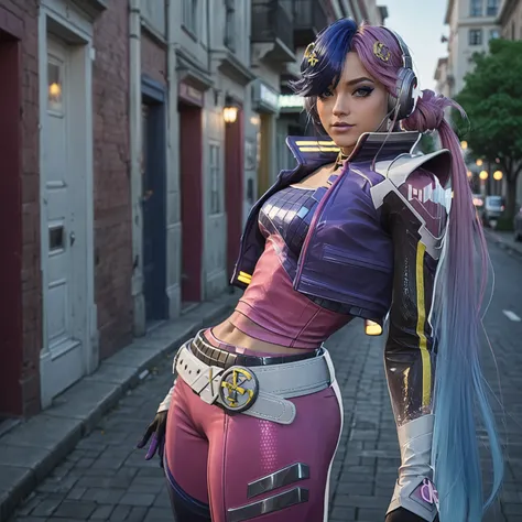 (Masterpiece), (expressive eyes), 1girl,standing, medium shot, cleavage, large breast, large butt, seductive pose, city street,.,lun4m2099, 1girl, solo, gloves, purple hair, multicolored hair, belt, jacket, pink hair, long hair, headphones, blue hair, make...