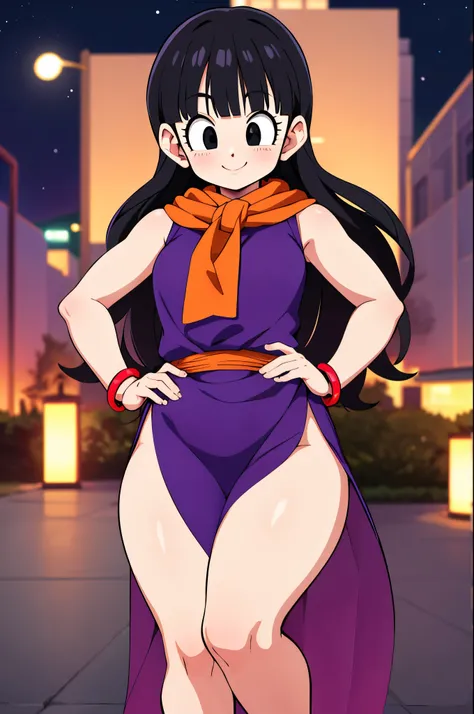 masterpiece, best quality, highres, dragon ball, single, loose hair, Franja Reta, sidelocks,   black eyes ,  toys, orange scarf, orange cachecol, purple dress, sleeveless, bracelet,  hand on hip,  outdoor, two, thick things, showing legs,  sexy smile, nigh...