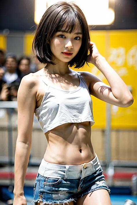 cute girl . so cute , round face . alone ,  slim , medium breasts , Short and small .  Shiny Skin . pure white tube top t-shirt . SHORTS . dynamic pose to shed lots of love juice . dynamic angle . no background , white background , watching the audience