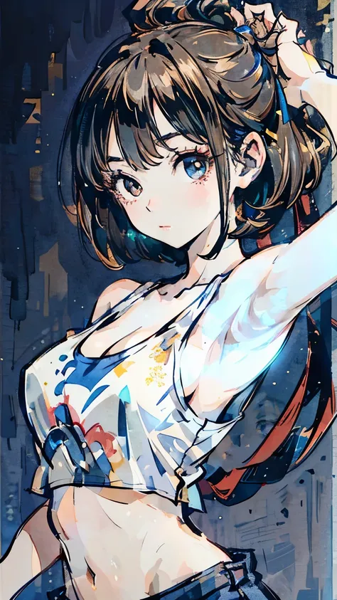 in a tight tank top, Upper body angle, front view, a beautiful Japanese woman wearing a tank top with cool eyes with attention to detail, Narrow eyes, armpits are healthy , Brown hair fluttering、a beautiful Japanese woman wearing a tank top that fits...