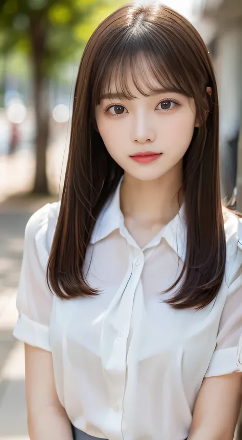 (beautiful girl、cute face、medium hair、staring at the viewer:1.3)、top quality,8K image、 perfect double eyelids、happy、natural color makeup、Moist lips、white skin、(straight hair, Strongly Blurred White Background 、high school uniform、summer、blouse:1.3),