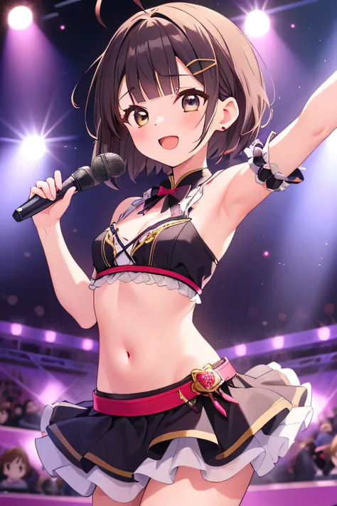 ((top quality)), ((masterpiece)), (Details), 1 girl。blunt bangs。Short Hair。braided ponytail。ahoge。Cute hair clip。 looks young。(small breasts)。(moving composition)。idol。 stage。Sing and dance。